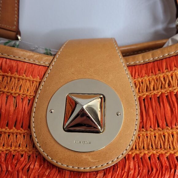 KATE SPADE orange sherbet leather trim raffia wood bottom shoulder bag purse - Picture 6 of 15